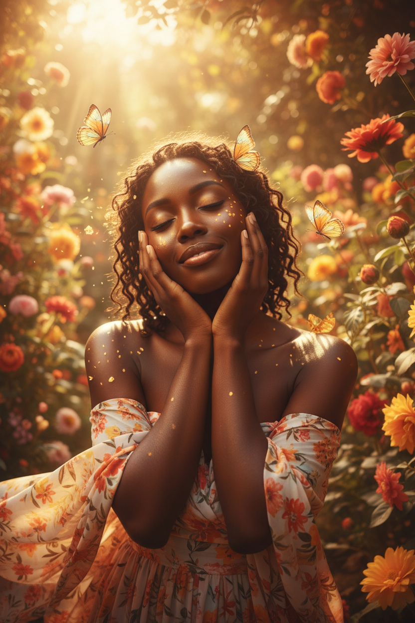 Self-Love - Dark-Skinned Black Woman in Sunlit Garden